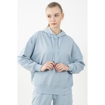 Maraton Sportswear Oversize Kadın Kapşonlu Uzun Kol Basic Sisli Mavi Sweatshirt 22149-sisli Mavi