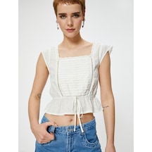 Koton Crop Kolsuz Bluz İşlemeli Bağlama Detaylı Pamuklu Beyaz 4sal60114ıw Beyaz