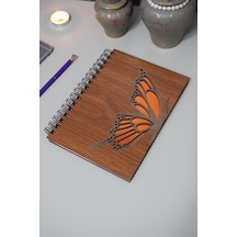 Kelebek Desenli Ahşap Kapaklı Defter - Ajanda - A5 Notebook Çizgisiz Anı Defteri Ahşap Rengi Ceviz