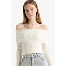 Defacto Coool Slim Fit Dar Kesim Açık Omuz Triko Kazak B6537ax25wner105 Ekru