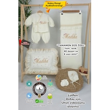 Gros Shop Müslin Yeni Doğan 4katlı Organik %100pamuk Kişiye Özgü Nakışlı Hastane Çıkış Seti Papatya Model-10 Ekru-1