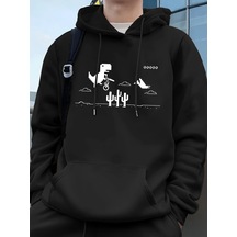 Startmore Tarzsokak Dinozorlar Kaktüs Üzerinde Baskılı Erkek Kapüşonlu Üstü Sonbahar Cepli Sweatshirt Temel Polar Siyah