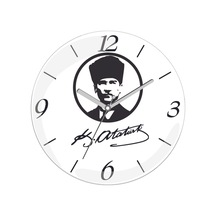 Atatürk Daire İmza Çap 30cm Sessiz Akar Bombeli Gerçek Cam Duvar Saati Siyah