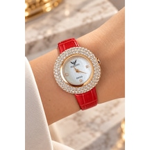 Swiss Kadın Kol Saati Pembe Altın Renk Çelik 33mm Kristal Taşlı Kırmızı Gerçek Deri Kayışlı Kadranlı Kırmızı - 936097372 Altın