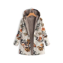 Yeni Kadın Yaprak Baskılı Kapşonlu Uzun Kollu Retro Ceket Sıcak Turuncu