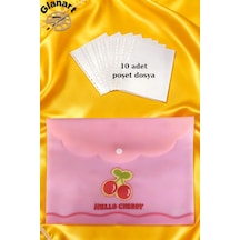 A4 Boy Çıt Çıt Ödev Dosyası +10' Lu Poşet Dosya Pastel Renkler Pembe Kiraz Desen