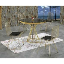 Avvio Ella 4 Kişilik Siyah Mermer Görünümlü Metal Mutfak Masası Takımı-gold Tel Sandalyeli 90x90 Cm Siyah Mermer