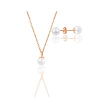Gümüş Rose İncili Kolye Ve Küpe İkili Set