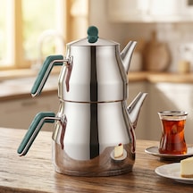 Porsima 1026-2 Prizma Bakalit Metal Kulp Mega Boy Paslanmaz Çelik Çaydanlık Takımı Yeşil - 2-3,40lt