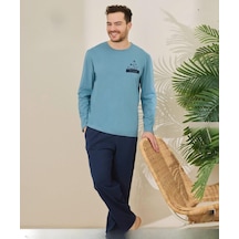 Pijamoni Erkek Pamuklu Bisiklet Yaka Uzun Kol İnce Pijama Takımı 6150/4 - 1 Adet Açık Mavi