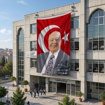 Türk Bayrağı Önünde Necmettin Erbakan Ve İmzası 140gr Premium Raşel Kumaş Bayrak 6x9 Metre Diğer