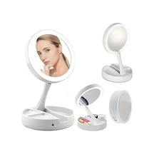 Led Işıklı Makyaj Aynası, 10x Büyüteç, Katlanabilir Tasarım, Usb Şarjlı, 15.5cm Çap, Beyaz Açık Bej