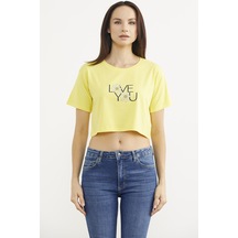 Oversize Baskılı Crop Tişört - Sarı Sarı