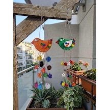 Taş Tozu El Yapımı 2li Kuş Figürlü Renkli Rüzgar Çanı - Balkon Ve Bahçe Duvar Süsü