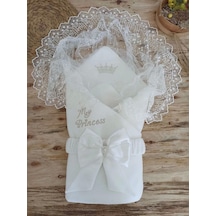 Yenidoğan Sahra Taç Benim Prensesim Nakışlı Kundak Bebek Battaniyesi Ekru Ekru