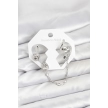 Pirinç Gümüş Renk Yılan Model Zincir Bağlantılı Ear Cuff Küpe Seti Çok Renkli