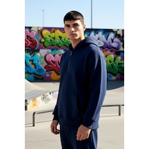 Benerly Erkek Kapüşonlu Fermuarlı Düşük Kol Uzun Kollu Kalıp Sweatshirt F Lacivert