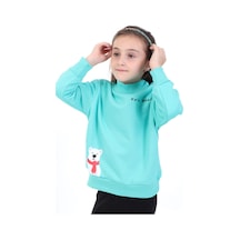 Toontoy Kız Çocuk Baskılı Relax Fit Dik Yaka Düşük Omuz Sweatshirt - Sol Omuz Çıtçıtlı Mint Yeşili