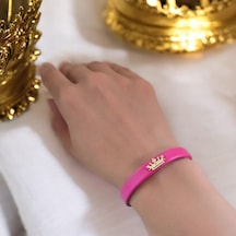 I Harfine Özel Taç Motifli 14 Ayar Altın Plakalı Doğal Pembe Derili Hediye Bileklik-495harf I