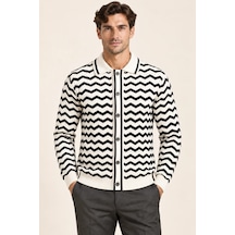 Tarz Cool Erkek Polo Yaka Zikzak Desenli Düğmeli Triko Hırka Akrilik Karışımlı Slim Fit Beyaz