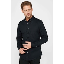Tudors Erkek Slim Fit Dar Kesim Uzun Kollu Pamuklu Siyah Düğmeli Yaka Gömlek-31192 Siyah