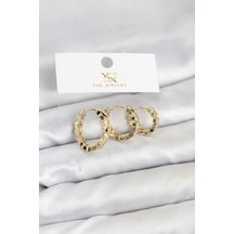 Pirinç Gold Renk Zirkon Taşlı Petek Halka Model Ysx Trio Küpe Seti Altın