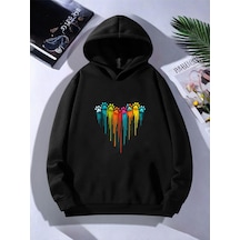 Uyguntarz Unisex Sevimli Pati Kalp Baskılı Oversize Genel Siyah