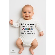 Babyden's Dünyanın En Güzel Annesi Olmaya Hazır Mısın Yazılı Uzun Kollu Bebek Body Zıbın %100 Pamuklu Çıtçıtlı Beyaz