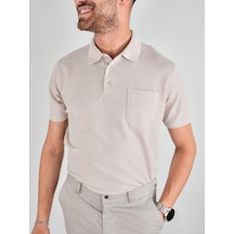Erkek Yakalı Cepli Waffle Taş Bej Tshirt Bej