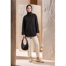 Armine Trend Doğal Kumaş Gizli Patlı Tam Boy Düğmeli Oversize Basic Gömlek Siyah 26yt304