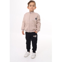 Toontoy Kids Toontoy Erkek Çocuk 2'li Takım Baskılı Dik Yaka Fermuarlı Cepli Sweatshirt & Beli Paçası Lastikli Cepli Jogger Eşofman Altı - Renk Bloklu & 3 İplik Şardonlu Bej
