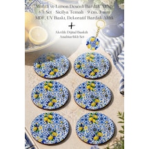 Motifli Ve Limon Desenli Bardak Altlığı 6 Lı Set 9 Cm Mdf Çok Renkli