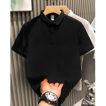 Erkek Polo Yaka Tişört Düğmeli Pike Düz T-shirt - Siyah