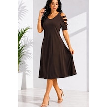 DefyModa Kadın Kısa Kollu V Yakalı Omuzlardan Şerit Detaylı Viskon Midi Elbise Kahve