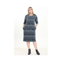 Çift Cepli Desenli Esnek Kışlık Büyük Beden Midi Elbise 37d-2744 Yeşil
