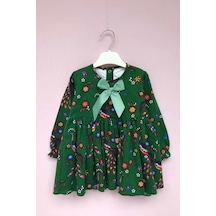 Kuş Desenli Yeşil Pazen Kız Çocuk Bebek Elbise 001