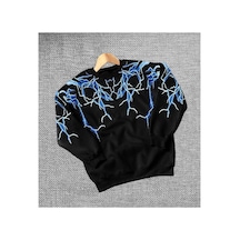 Kadın Yıldırım Baskılı Bisiklet Yaka 3 İplik Pamuklu Sweatshirt - Siyah