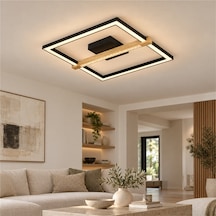 April Siyah 58 Watt Plafonyer Kare Ahşap Desenli Modern Salon Led Avize