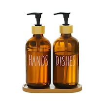 Dispenser Seti 2 Li Şişe Hands Dishes Etiketli Bambu Kapaklı Sıvı Sabun Deterjan Pompası Çok Renkli