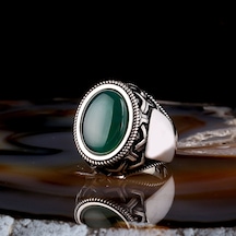 Yeşil Akik Taşlı Oval Model 925 Ayar Gümüş Erkek Yüzük