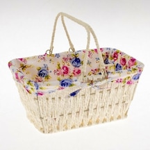 Üstü Kumaş Kaplı Hasır Ekmek Sepeti Dikdörtgen - Krem