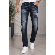 Cedy Denim Cedy Denım Erkek Slim Fit Deri & Denim Yama Detaylı Yırtıklı Jean Pantolon Vintage Eskitme Tasarım Kot Ct1220-lacivert Lacıvert