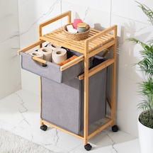 Porsima 2064 2 Raflı Tekerlekli Ahşap Bambu Kirli Sepeti Ahşap