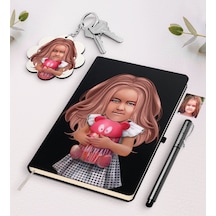Kişiye Özel Kız Çocuk İllüstrasyon Tasarımlı Siyah Defter Kalem V N11.344
