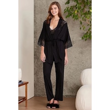 Pierre Cardin 2820 Kadın Siyah Dantelli Penye 3'lü Sabahlıklı Pijama Takım 001