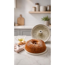 Granit Döküm Desenli Kek Kalıbı 25 Cm - Krem - Yanmaz Yapışmaz Beyaz