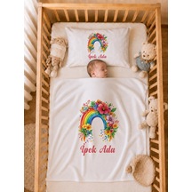 İsme Özel Kız Bebek Battaniye 80x80 Cm Ve Yastık Kılıfı 35x45 Cm %100 Pamuk Organik Baskılı Bebek Seti Bebek Hediyesi 1005yb Krem