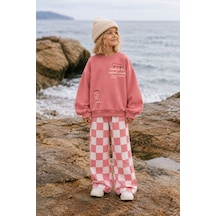 Zuzunga Kız Çocuk Dama Desenli Oversize 3 İplik Sweatshirt Ve Bol Paça Eşofman Takım Pembe