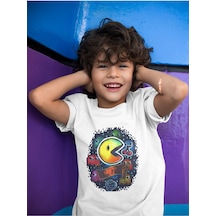 Sevbano Pacman Baskılı Unisex Oyun Çocuk Tişört 1-12 Yaş Beyaz
