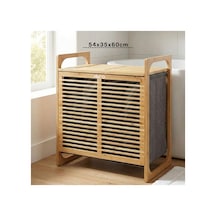 Kalın Ahşap Bambu 2 Bölmeli Kirli Çamaşır Sepeti Kumaş Çantalı Sepet 54x35x60cm 5671 Çok Renkli Çok Renkli